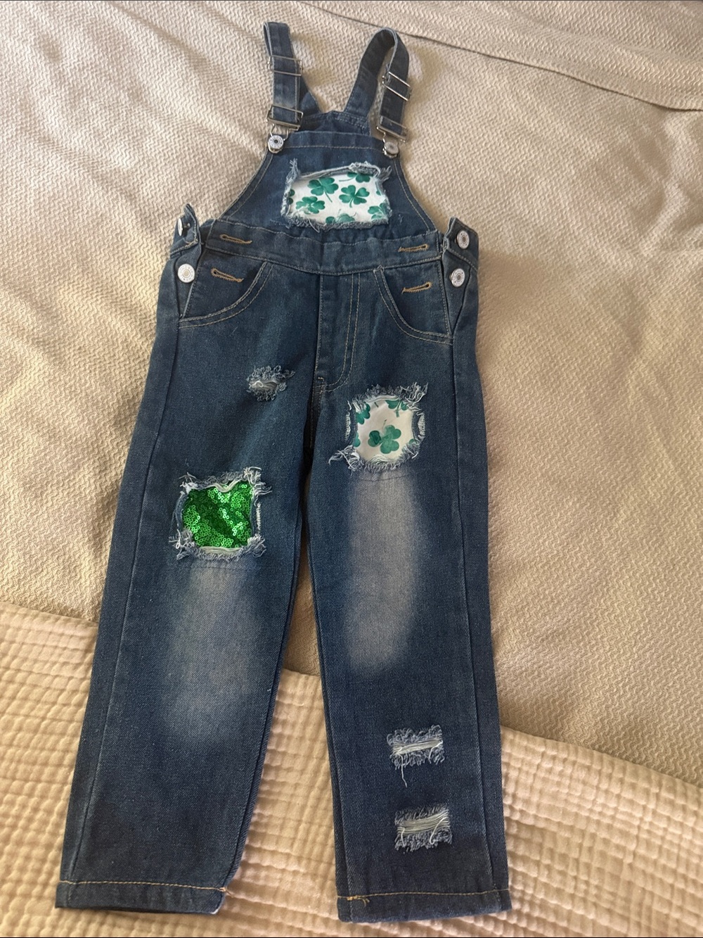 Kids Dark Blue Denim Overalls with Green Sequin & Clover Patches